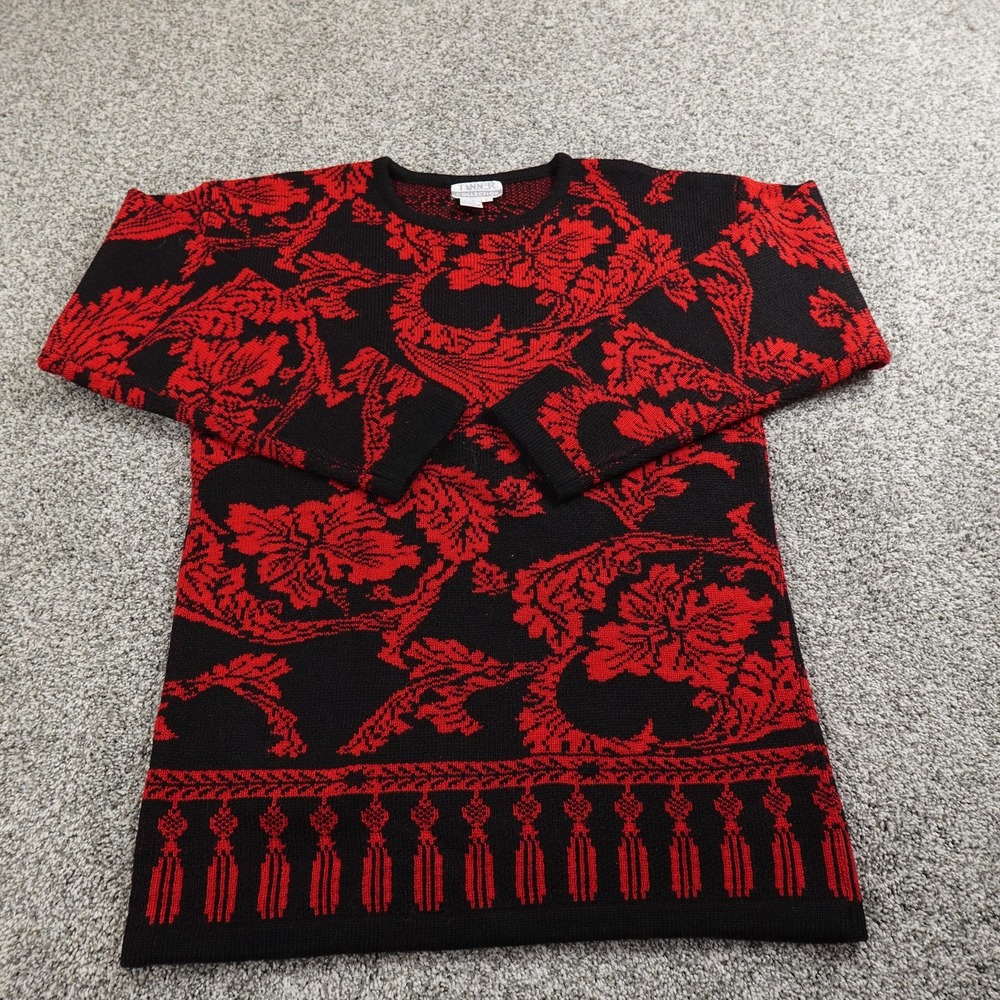 VTG Tapestry Sweater Womens L Red Black Floral Wool Knit Pullover Crewneck 90s